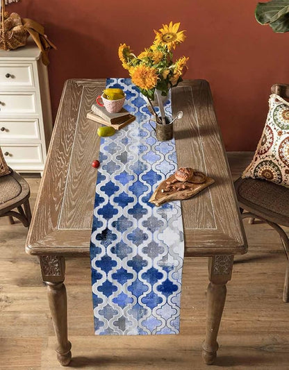 Blue Morocco Plaid Cotton Linen Table Runner for Dining Kitchen, Wedding Outdoor Party Tablerunners Decoration, Distressed Abstract Painted Vintage Dresser Scarf Coffee Tablecloth Runners 13''x108''