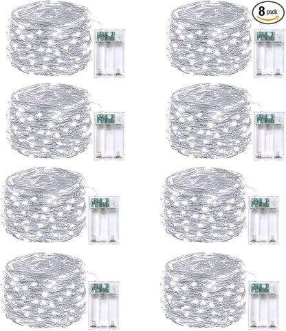 8-Pack Fairy Lights Battery Operated with Remote & Timer & 8 Modes, Waterproof 16 FT 50 LED String Lights Outdoor Indoor, Battery Twinkle Lights for Christmas Bedroom Centerpiece Décor (Cool White)