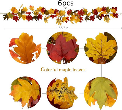 PARTY JOY 6PCS Orange Leaf Garland, 5.6Ft Halloween Garland Artificial Maple Leaf Autumn Hanging Fall Vines Thanksgiving Decorations Fall Decor