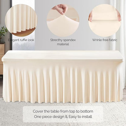 Wish Care 2 Pack Ivory Spandex Table Clothes for 6 Foot Rectangle Tables, 6FT Wrinkle Free Fitted Tablecloths Ruffles Design Table Cover for Party, Banquet, Wedding and Events