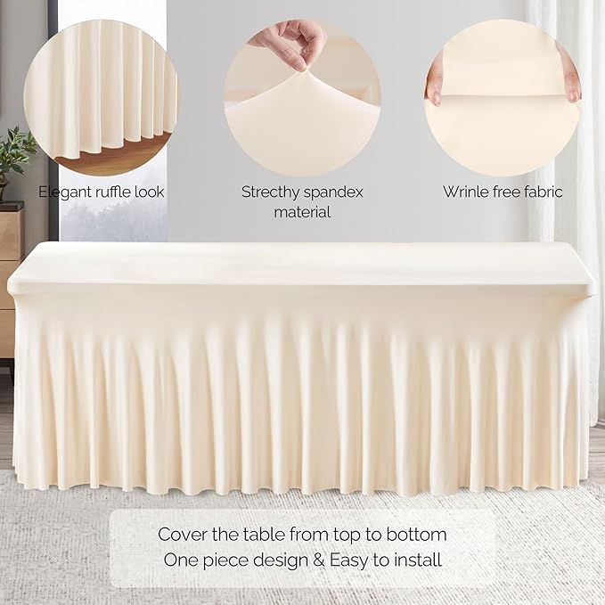 Wish Care 2 Pack Stretch Spandex Table Clothes for 8 Foot Rectangle Tables, 8FT Wrinkle Free Fitted Tablecloths Ruffles Design Table Cover for Party, Banquet, Wedding and Events