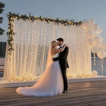Ledido 10×8ft Tulle Backdrop Curtains with Lights String - 300LED Fairy Lights Sheer Curtain Backdrop for Weddings Baby Shower and Birthday Party Decorations(6 Panels 5×8ft)