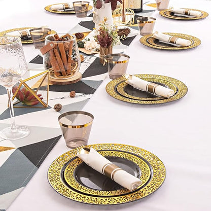 NOCCUR 210pcs Black and Gold Dinnerware Set - Black Disposable Plates and Napkins Party Supplies Include 60 Dinner/Dessert Plates, 30 Prerolled Plastic Cutlery&30 Cups for Party, Birthday, Halloween