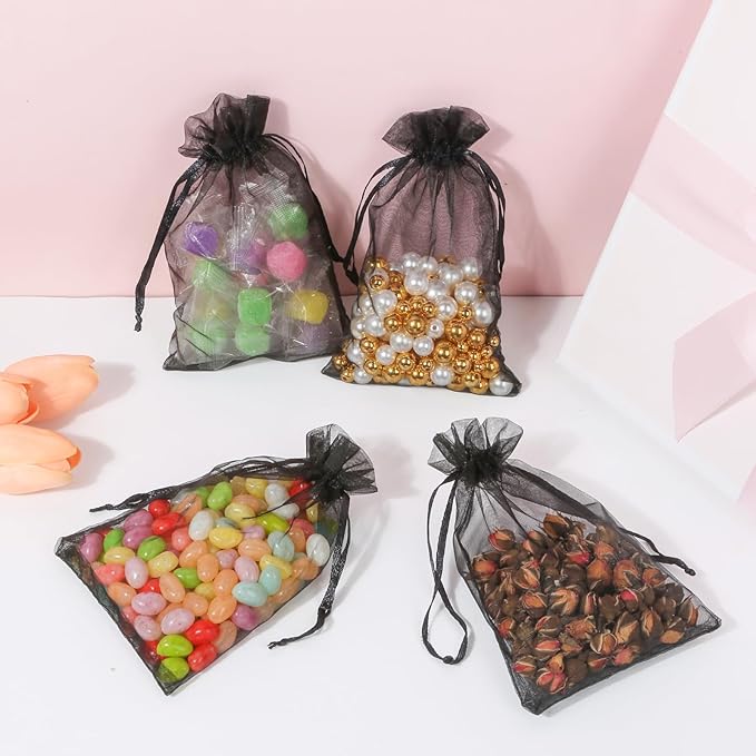50PCS Sheer Organza Bags, Wedding Favor Bags with Drawstring, 4x6 inches Jewelry Gift Bags for Party, Jewelry, Festival, Makeup (Black)