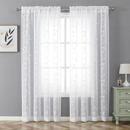 VISIONTEX White Leaves Sheer Voile Curtains, Decorative Embroidery Rod Pocket Window Drapes for Home Living Room and Bedroom 54 x 72 Inch, Set of 2 Curtain Panels