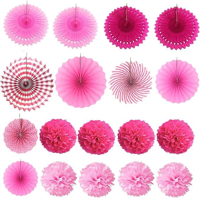 ZERODECO Party Decoration, 21 Pcs Pink Hanging Paper Fans, Pom Poms Flowers, Garlands String Polka Dot and Triangle Bunting Flags for Birthday Parties, Bridal Showers, Baby Showers, Wedding