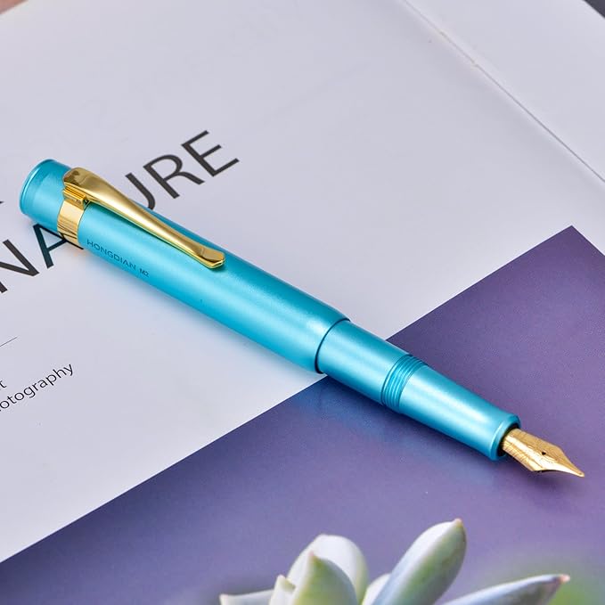 HONG DIAN M2 Black Forest Mini Fountain Pen, Medium Soft Nib & Sleek Shape Aluminium Short Pocket Travel Pen (Lake Blue)