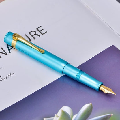 HONG DIAN M2 Black Forest Mini Fountain Pen, Long Blade Nib & Sleek Shape Aluminium Short Pocket Travel Pen (Lake Blue)