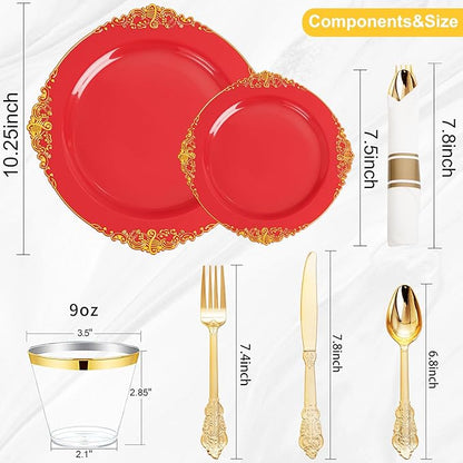 Nervure 350PCS Red Plastic Plates - Red Gold Plastic Dinnerware Sets for 50 Guests - 100 Gold Disposable Plates, 50 Pre Rolled Silverware Sets, 50 Cups Perfect for Wedding & Party & Christmas