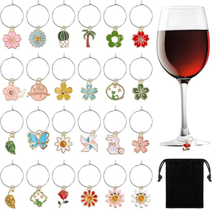 SANNIX Spring Floral Wine Charms - 24pcs Stem Glass Charms for Wine Tasting Party Decorations