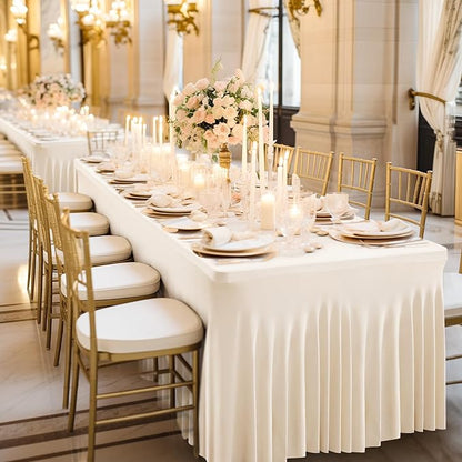 Wish Care 6 Pack Ivory Spandex Table Clothes for 6Foot Rectangle Tables, 6FT Wrinkle Free Fitted Tablecloths Ruffles Design Table Cover for Party, Banquet, Wedding and Events