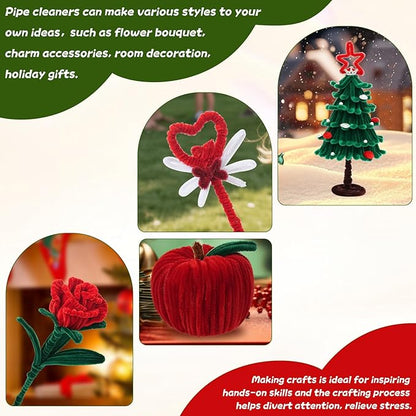 400 Pcs Red Pipe Cleaners for Crafts, 4 Colors Soft Chenille Stems Bulk with Floral Wires, Gardening Tape,Hot Glue Stick，Greeting Card,Bouquet Paper, Pearl & Ribbon, Flowers Craft kit for Christmas