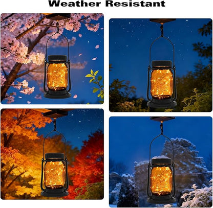Mason Jar Lights - Solar Lantern Outdoor Waterproof, Hanging Solar Lights for Outside, Halloween, Fairy Twinkle Glass Decorative Lamp for Yard, Patio, Garden, Porch, Table, Wedding, Pack 2