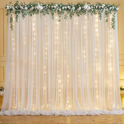10ft x 7ft White Chiffon Backdrop Curtain with Lights String for Parites Wedding Wrinkle Free Curtain Photo Backdrops Drapes for Baby Shower Birthday Party Home Decorations