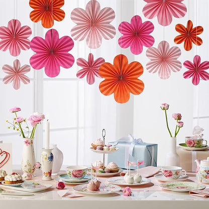 BestoFun 12 PCS Paper Flowers Fans Pink and Orange Party Decorations Paper Flowers Decorations for Wall Girl Groovy Birthday Baby Shower Wedding Bachelorette Room Hanging Décor