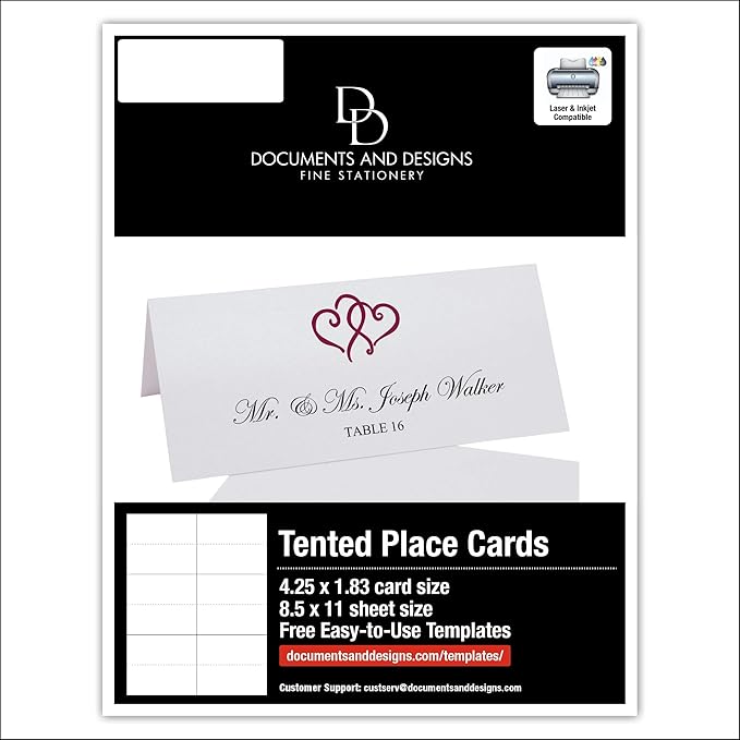 Linked Hearts Printable Place Cards, Burgundy (Choose Color), Set of 150 (25 Sheets), Laser & Inkjet Printers - Wedding, Party, Dinner, and Special Events - Made in the USA