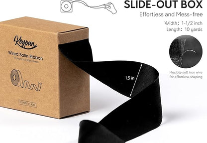 Black Satin Ribbon Double-Faced Wired Ribbons for Gift Wrapping Flower Bouquet Bows Wedding Invitation Christmas Decor Crafts 1-1/2 Inch 10 Yards