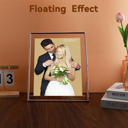 Rose Gold Floating Frame, 10"x12", Vertical, For Picture 9x11, 8.5x11, 8x10, Tabletop Shelf Photo Frame, Classy Gift For Festival, Wedding, Home or Office Décor