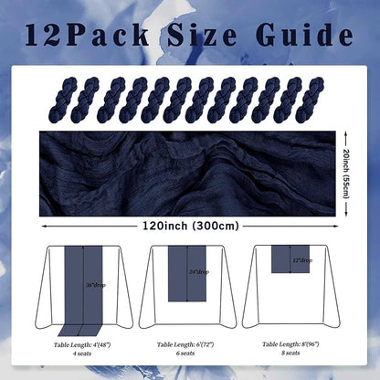 12 Pack Navy Blue Cheesecloth Table Runner 10FT Boho Fabric Rustic Cheese Cloth Table Runner for Wedding Bridal Shower Baby Shower Gauze Sheer Birthday Party Table Decorations 20 x 120 Inch Long