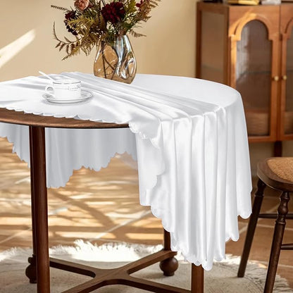 KKJIAF 1 Pack 60 Inch / 5ft Round Table Cloth, White Overlay Round Satin Table Cover, Silky Satin Dining Tablecloths for Wedding Buffet Parties Banquet Decoration