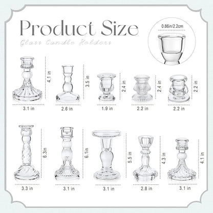 Mumufy 10 Pcs Glass Crystal Taper Candle Holders Clear Glass Candlestick Holder Fit 0.8 Inch Candles Crystal Decorative Candle Stand Centerpiece Table Wedding Dining Party (Classic,Clear)