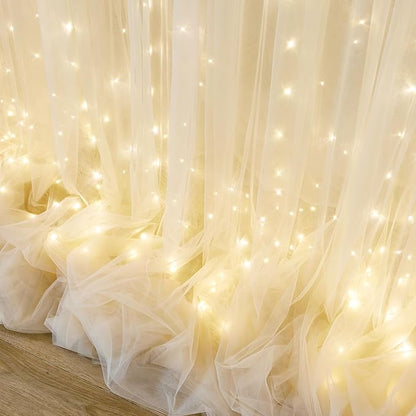 Champagne Tulle Photo Backdrop Curtain with Lights String for Parties Wedding Bridal Shower Sheer Champagne Curtain Backdrop for Birthday Baby Shower Photo Booth Photography 10ft x 8ft