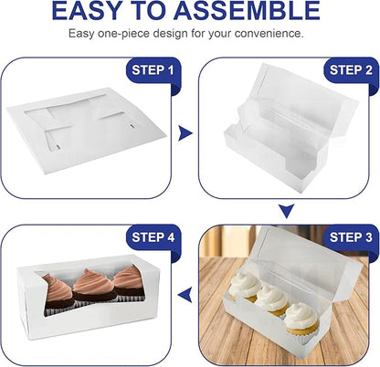 MT Products White Cupcake Boxes 9" x 4" x 3.5" - Auto Pop-Up Bakery Boxes with Window (Pack of 25) - Made in the USA