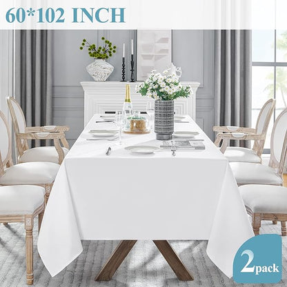 VidaFete Tablecloth 60 * 102inch 2pack Rectangle Table Cloth Polyester, Stain Wrinkle Resistant Dining Table Cover for Kitchen Dinning Party Wedding Rectangular Tabletop Buffet Decoration(White)