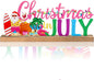 Christmas in July Metal Sign Rustic Table Decor Holiday Tiered Tray Decor with Wooden Base Freestanding Metal Word Sign for Home Tabletop Centerpiece Mantel Shelf Fireplace