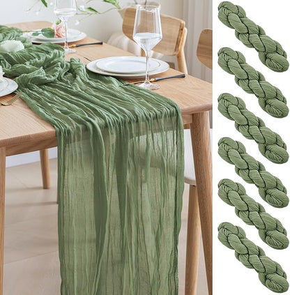Asee'm 6pcs Cheesecloth Table Runner 120 Inches Sage Green Boho Gauze Cheese Cloth Runner 10FT Rustic Sheer Table Runners for Summer Wedding Baby Shower Holiday Party Decoration