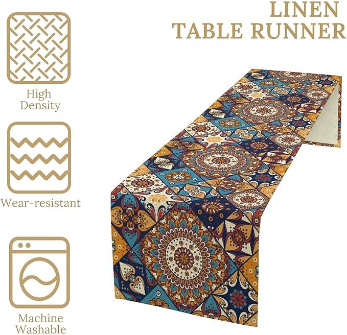 Vintage Mandala Table Runner, Bohemian Brown Blue Tile Traditional Indian Flowers Table Runner for Kitchen Dining Table Office Wedding Party Holiday Home Decor, 13x120inch