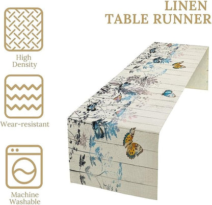 Nature Dandelion Table Runner,Rustic Floral Wood Plank Butterfly Girl Women Pattern Print Burlap Tablecloth for Hotel Indoors Outdoor Dining Room Kitchen Table Decor, 13x108in