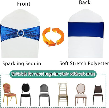 Sequin Chair Sashes Stretch Chair Bands Spandex Polyester Bows for Party Hotel Wedding Banquets Decoration - 6 Pcs Royal Blue