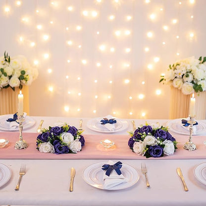 BLOSMON Flower Balls Table Centerpieces: 6 Pcs Fake Flowers Navy Blue White Wedding Kissing Rose Balls Decor - Artificial Floral Arrangements Flower Bouquet of Roses Home Party Table DIY Decorations