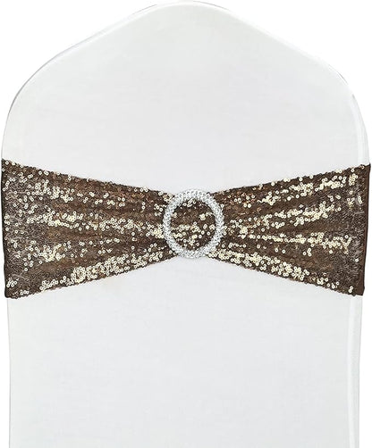 10 Pcs Sequin Chair Sashes Stretch Chair Bands Spandex Polyester Bows for Party Hotel Wedding Banquets Decoration - Coffee