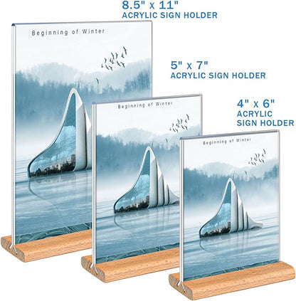 Kersally Acrylic Sign Holder 8.5 x 11, 3 Pack Double-Sided Clear Table Display Stands with Wood Base,Vertical Acrylic Frame Menu Flyer Paper Holder for Stores, Restaurants, Hotels, Office, Show Fair