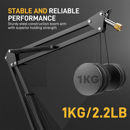 MAONO Boom Arm Microphone Stand: Adjustable Metal Suspension Mic Boom Arm for Podcast Gaming Streaming Recording,with Desk Clamp and 3/8" to 5/8" Screw Adapter-Max Load 1KG BA20 Black