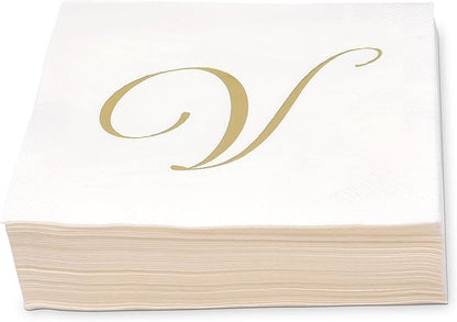 Gift Boutique 100 Gold Monogram Cocktail, Letter V Disposable Paper Pack Elegant Metallic Golden Foil Hand Napkin for Powder Room Wedding Holiday Birthday Party Baby Shower Decorative Towels