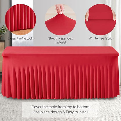 Wish Care 2 Pack Red Spandex Table Clothes for 6 Foot Rectangle Tables, 6FT Wrinkle Free Fitted Tablecloths Ruffles Design Table Cover for Party, Banquet, Wedding and Events