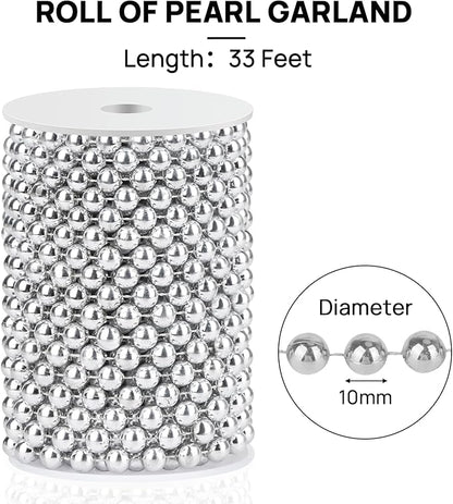 Craft String Pearls 10MM Pearl Bead, 33 Feet Silver Faux Pearl Garland Spool Roll Strand Wedding Party Decoration, Christmas Tree Decorations