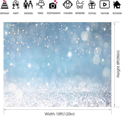 10x8ft Blue Bokeh (Not Glitter) Backdrops Birthday Party Abstract Golden Sparkling Spots Photography Background Baby Shower Wedding Prom Graduation Party Bokeh Decor Banner Photoshoot Props