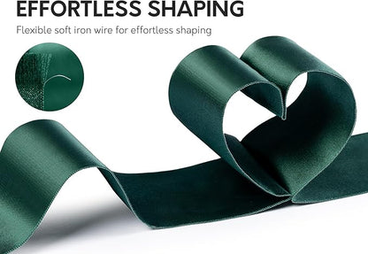 Green Satin Ribbon Double-Faced Wired Ribbons for Gift Wrapping Flower Bouquet Bows Wedding Invitation Christmas Decor Crafts 2-1/2 Inch 10 Yards
