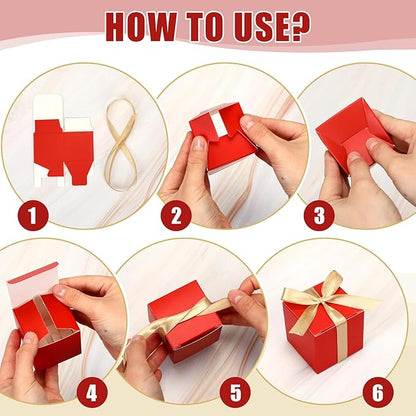 Jutom 100 Pcs Mini Favor Boxes Extra Small Candy Boxes Paper with Gold Ribbon for Christmas Thanksgiving Day Birthday Wedding Anniversary Supplies(2 x 2 x 2 Inch,Red)