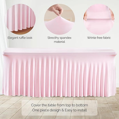 Wish Care 2 Pack Pink Spandex Table Clothes for 6 Foot Rectangle Tables, 6FT Wrinkle Free Fitted Tablecloths Ruffles Design Table Cover for Party, Banquet, Wedding and Events