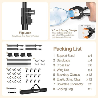 EMART Backdrop Stand, 30x7ft(WxH) Large Adjustable Background Support System with 308° Angle Rotatable Connector, 12 Clamps, 4 Sandbags and Carry Bag for Paties, Wedding, Photography Studio, Video
