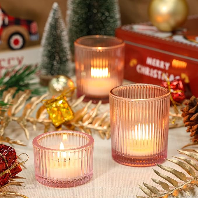 24 Pcs Glass Votive Candle Holders – Assorted Ribbed Pink Tea Light Holders Bulk for Weddings, Baby Showers, Parties, Home Décor, and Table Centerpieces