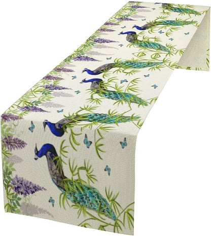 Peacock Table Runner,Spring Plant Butterfly Print Seasonal Table Runner for Home Kitchen Dining Party Indoor Outdoor Decoration 13x90 Inch