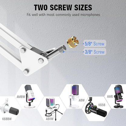 FIFINE Microphone Boom Arm, Suspension Mic Arm Stand with Mount Clamp, Metal Scissor Mic Stand with 3/8" to 5/8" Adapter for Home Studio Recording Podcast Gaming-CS1 White
