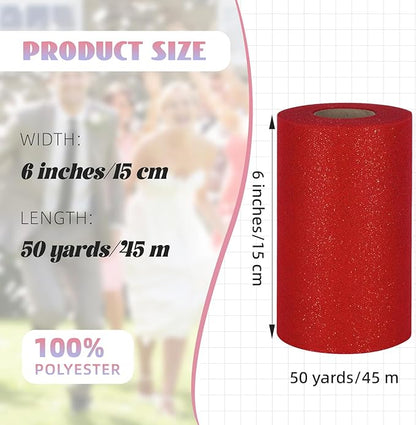 Glitter Tulle Rolls 6” by 50 Yards Sparkle Tulle Fabric Ribbon Sequin Tulle Netting Rolls for DIY Tutu Skirt Wedding Birthday Party Decoration (Red)