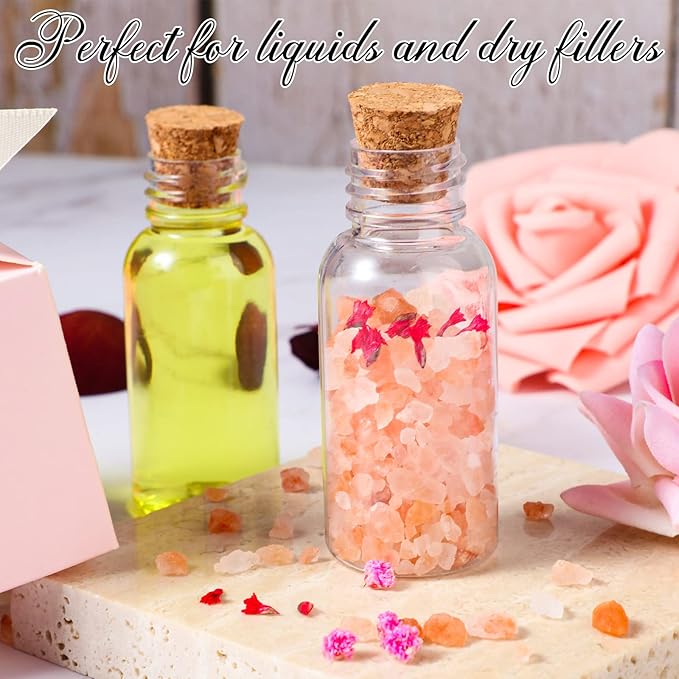 Sabary 100 Pack 1oz Plastic Potion Bottles with Cork Stoppers Mini Sand Art Bottles Tiny Cork Vial Small Jar with Funnel for Art DIY Craft, Essential Oil, Message, Wedding Party Favor